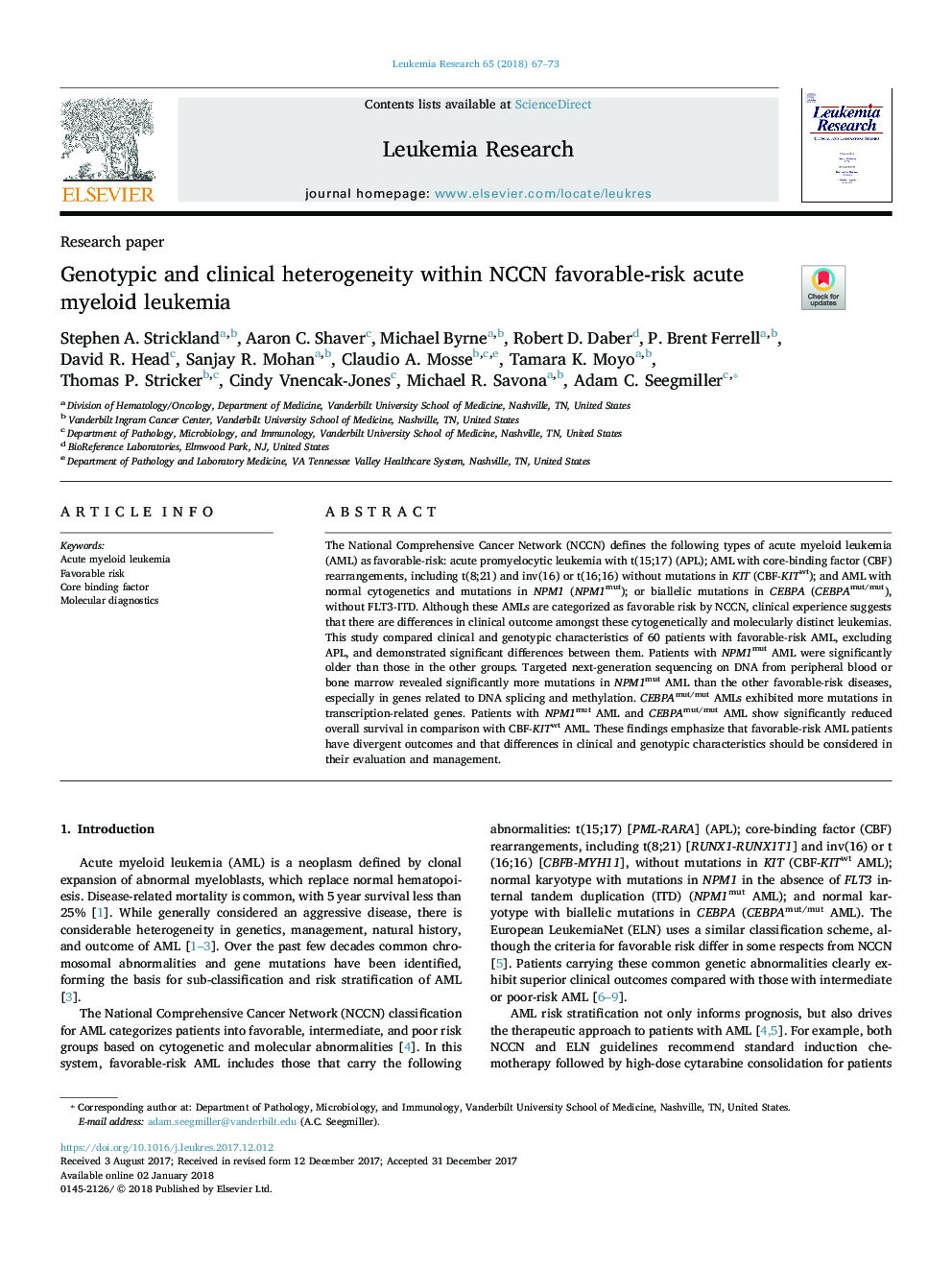 Genotypic and clinical heterogeneity within NCCN favorable-risk acute myeloid leukemia