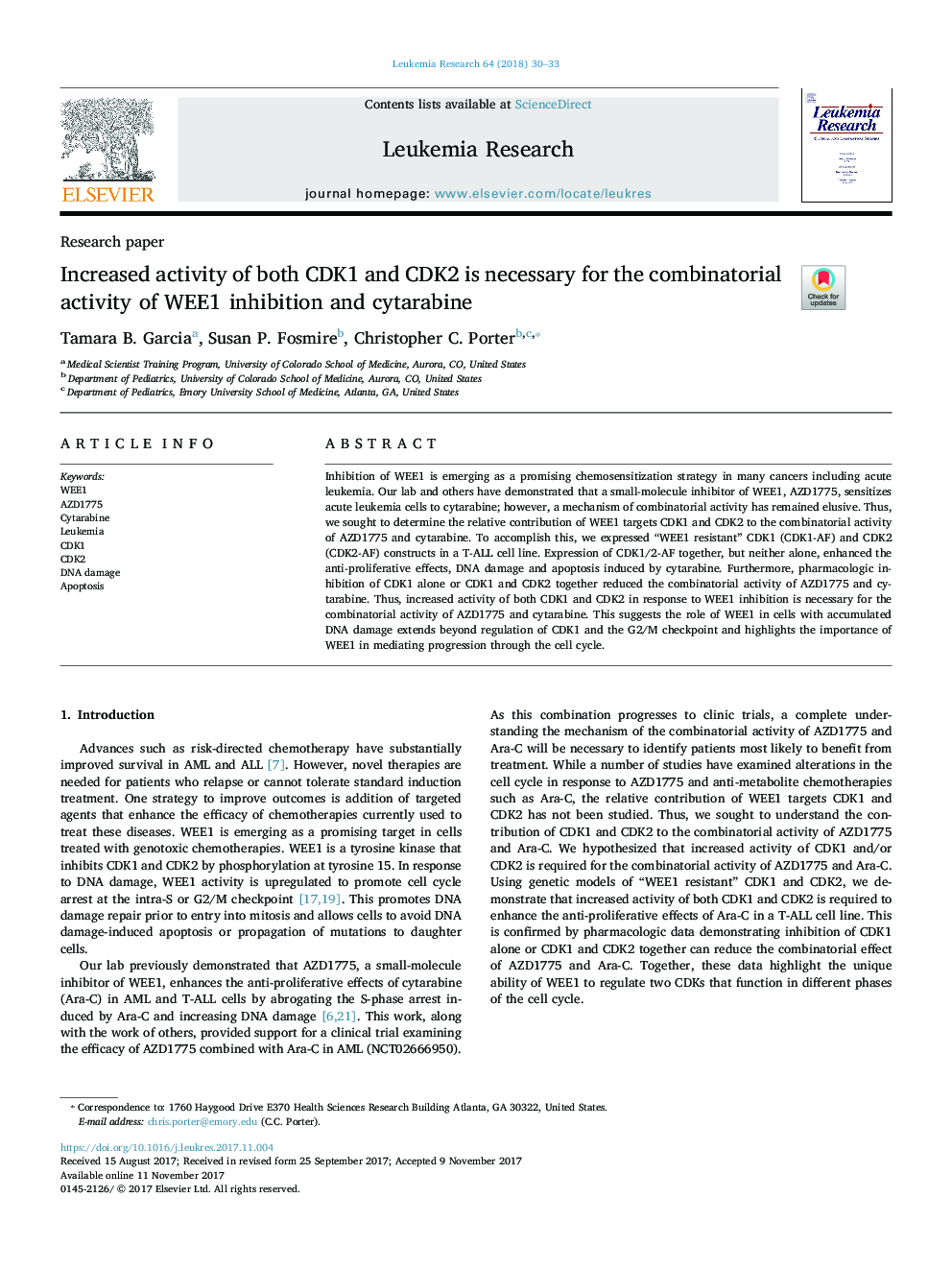 Increased activity of both CDK1 and CDK2 is necessary for the combinatorial activity of WEE1 inhibition and cytarabine