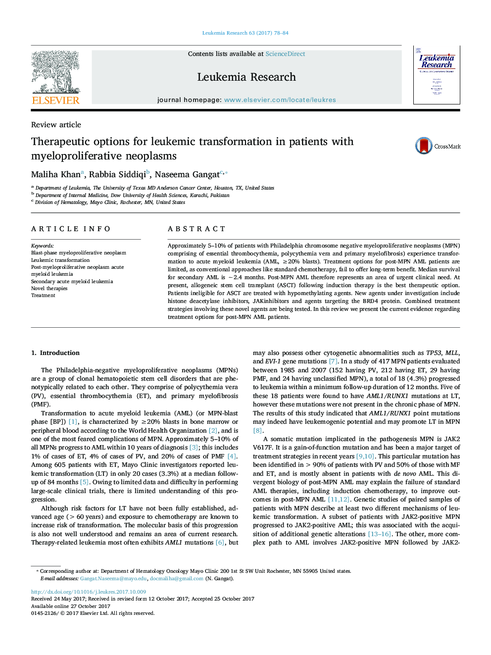 Therapeutic options for leukemic transformation in patients with myeloproliferative neoplasms