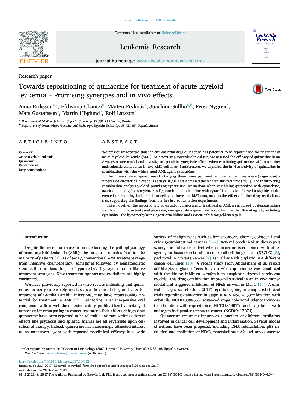 Towards repositioning of quinacrine for treatment of acute myeloid leukemia - Promising synergies and in vivo effects