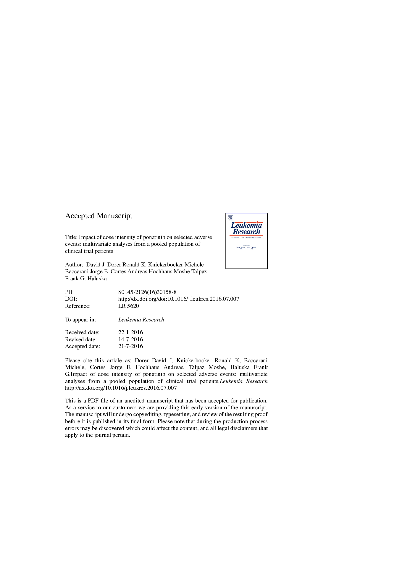 Impact of dose intensity of ponatinib on selected adverse events: Multivariate analyses from a pooled population of clinical trial patients