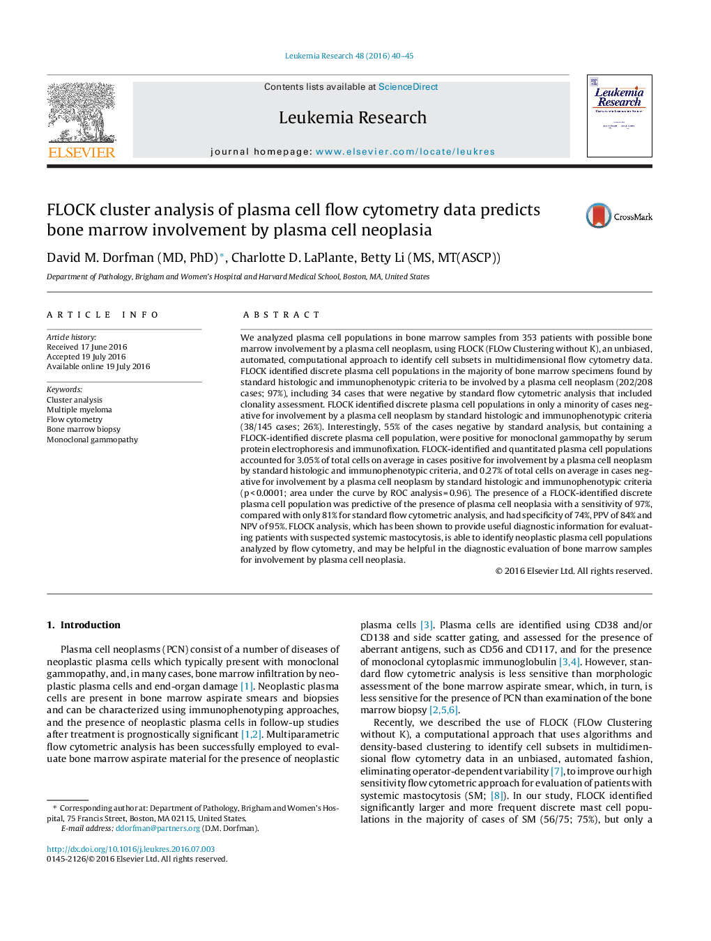 FLOCK cluster analysis of plasma cell flow cytometry data predicts bone marrow involvement by plasma cell neoplasia