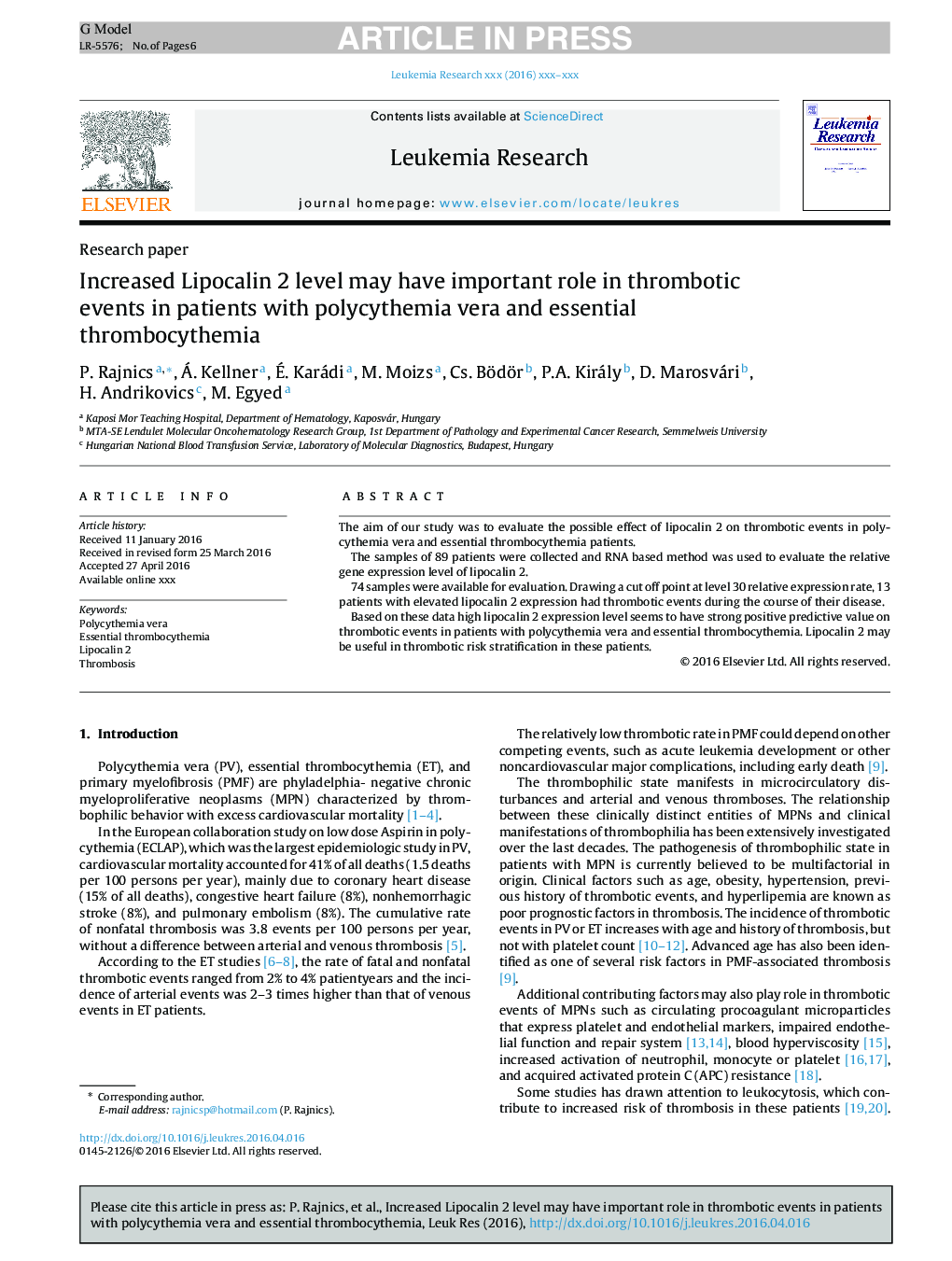 Increased Lipocalin 2 level may have important role in thrombotic events in patients with polycythemia vera and essential thrombocythemia