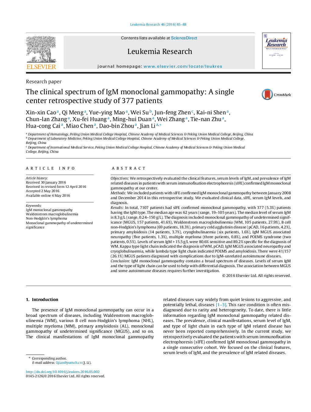 The clinical spectrum of IgM monoclonal gammopathy: A single center retrospective study of 377 patients