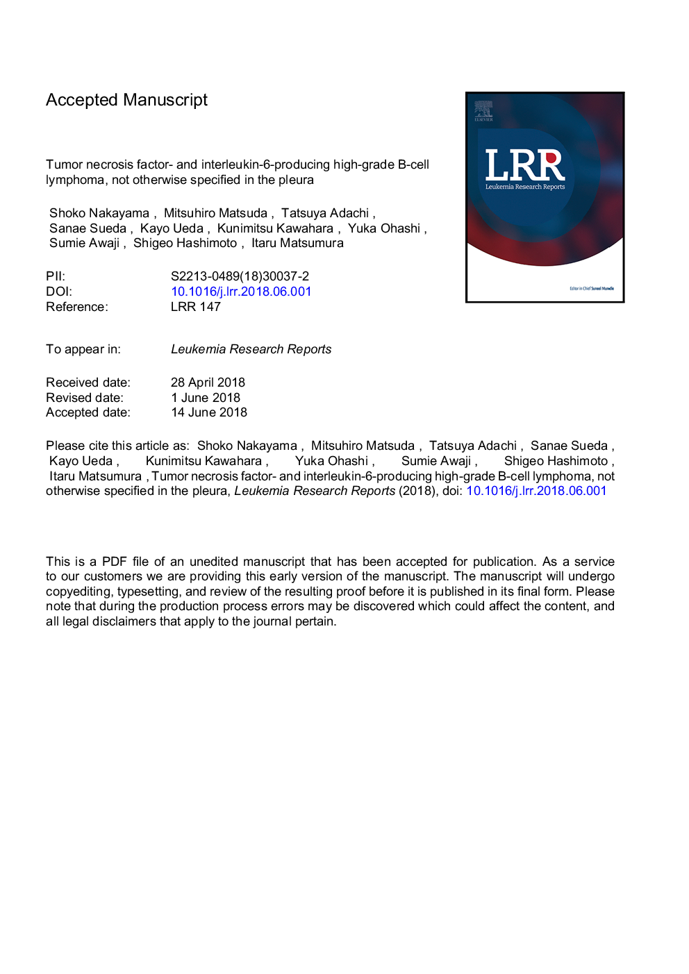 Tumor necrosis factor- and interleukin-6-producing high-grade B-cell lymphoma, not otherwise specified in the pleura