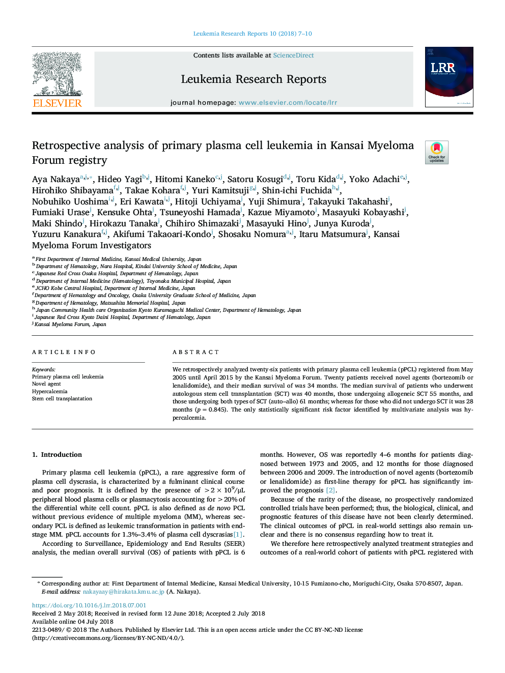 Retrospective analysis of primary plasma cell leukemia in Kansai Myeloma Forum registry