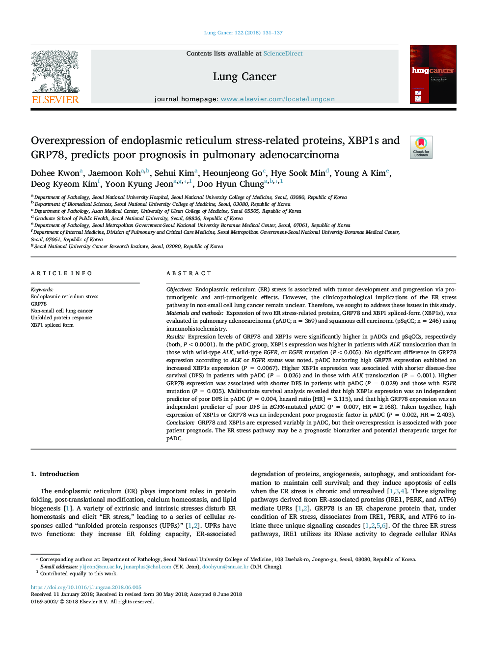 Overexpression of endoplasmic reticulum stress-related proteins, XBP1s and GRP78, predicts poor prognosis in pulmonary adenocarcinoma