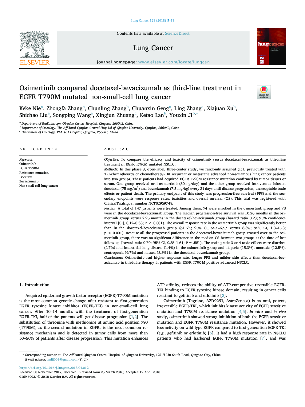 Osimertinib compared docetaxel-bevacizumab as third-line treatment in EGFR T790M mutated non-small-cell lung cancer