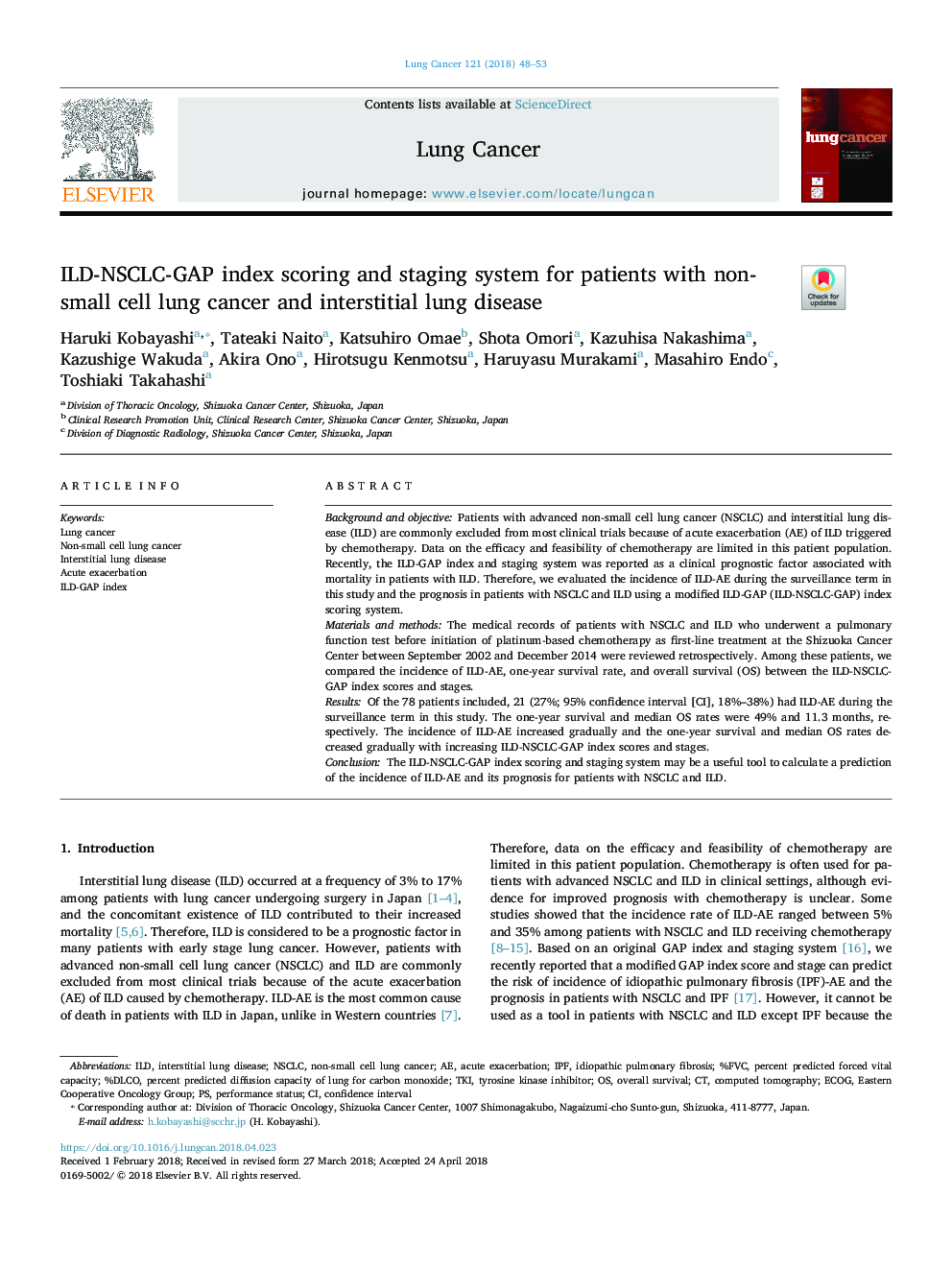 ILD-NSCLC-GAP index scoring and staging system for patients with non-small cell lung cancer and interstitial lung disease