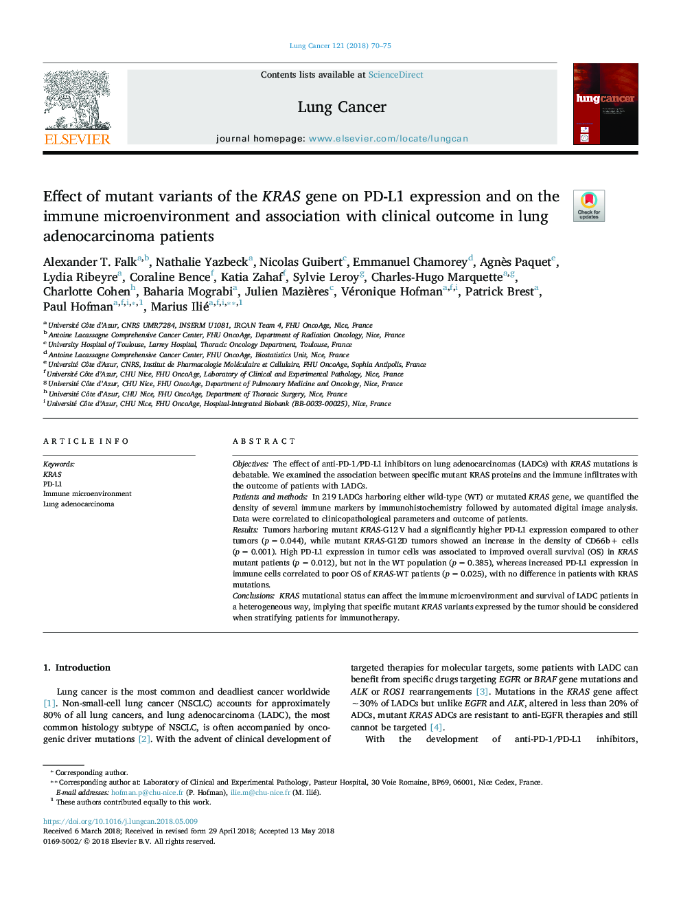 Effect of mutant variants of the KRAS gene on PD-L1 expression and on the immune microenvironment and association with clinical outcome in lung adenocarcinoma patients