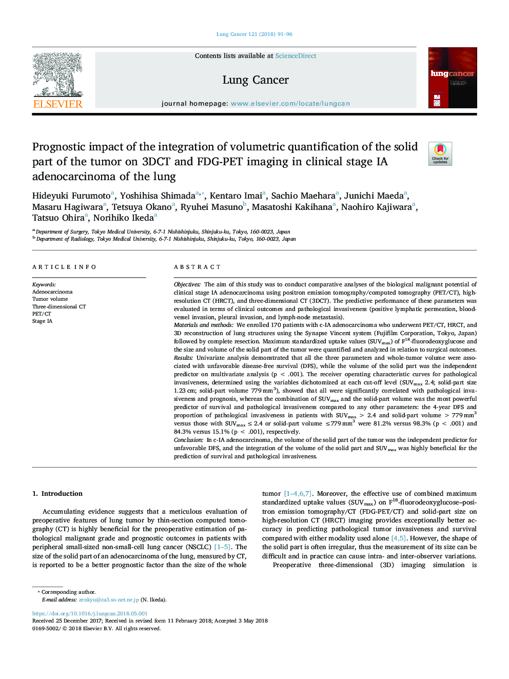 Prognostic impact of the integration of volumetric quantification of the solid part of the tumor on 3DCT and FDG-PET imaging in clinical stage IA adenocarcinoma of the lung