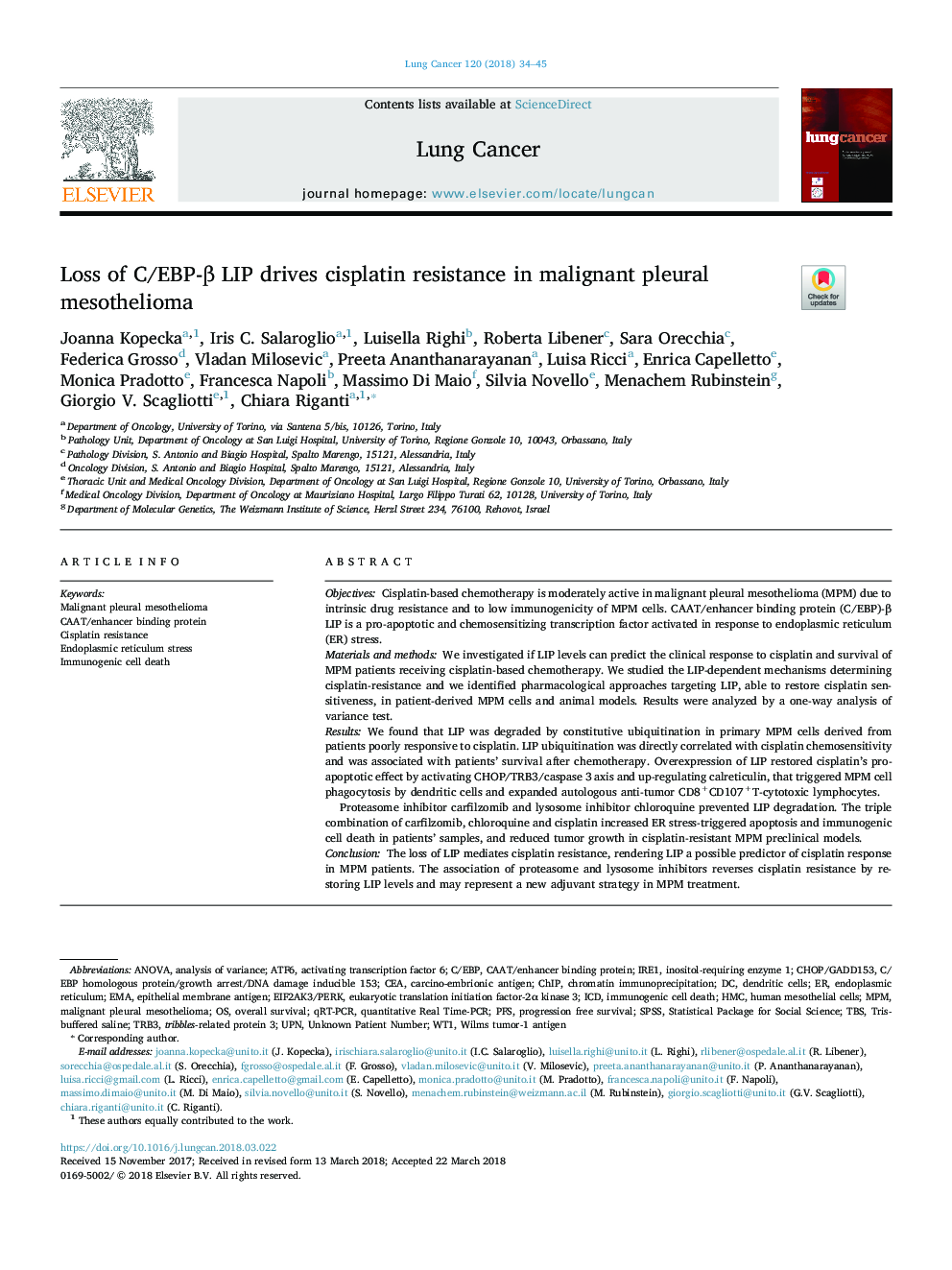 Loss of C/EBP-Î² LIP drives cisplatin resistance in malignant pleural mesothelioma