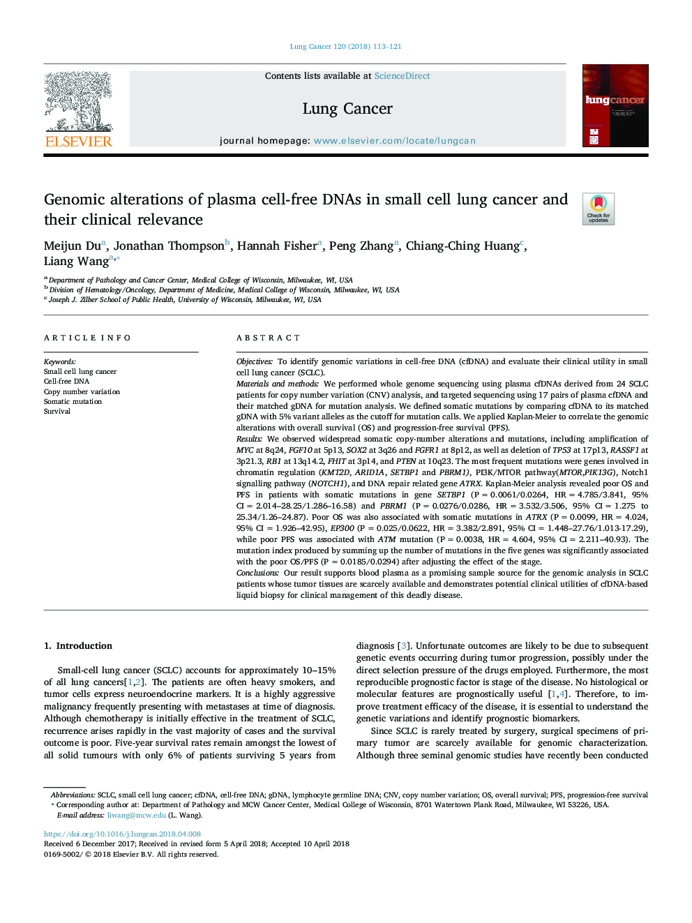 Genomic alterations of plasma cell-free DNAs in small cell lung cancer and their clinical relevance