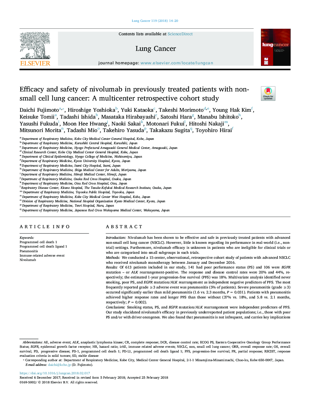 Efficacy and safety of nivolumab in previously treated patients with non-small cell lung cancer: A multicenter retrospective cohort study