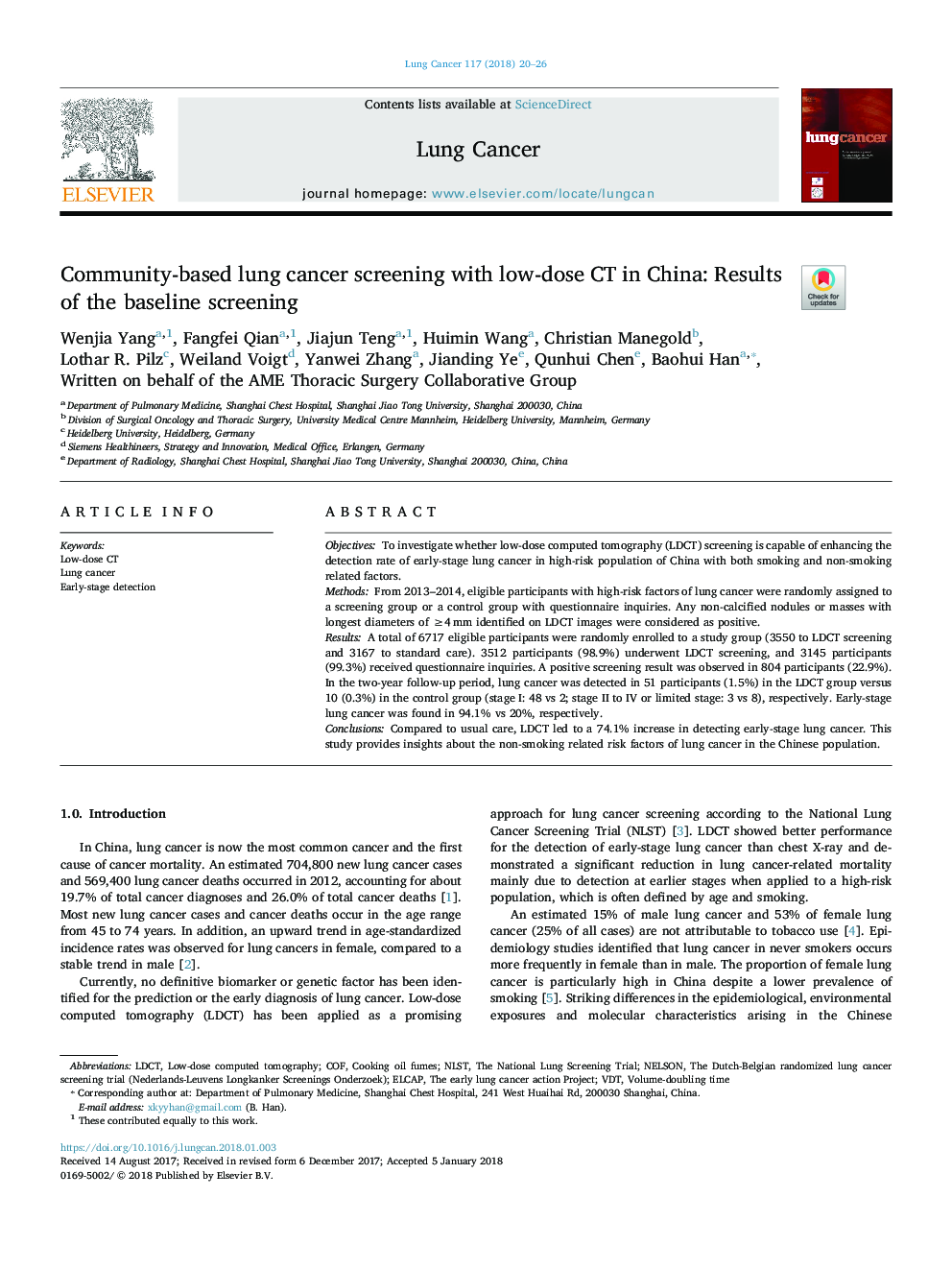 Community-based lung cancer screening with low-dose CT in China: Results of the baseline screening