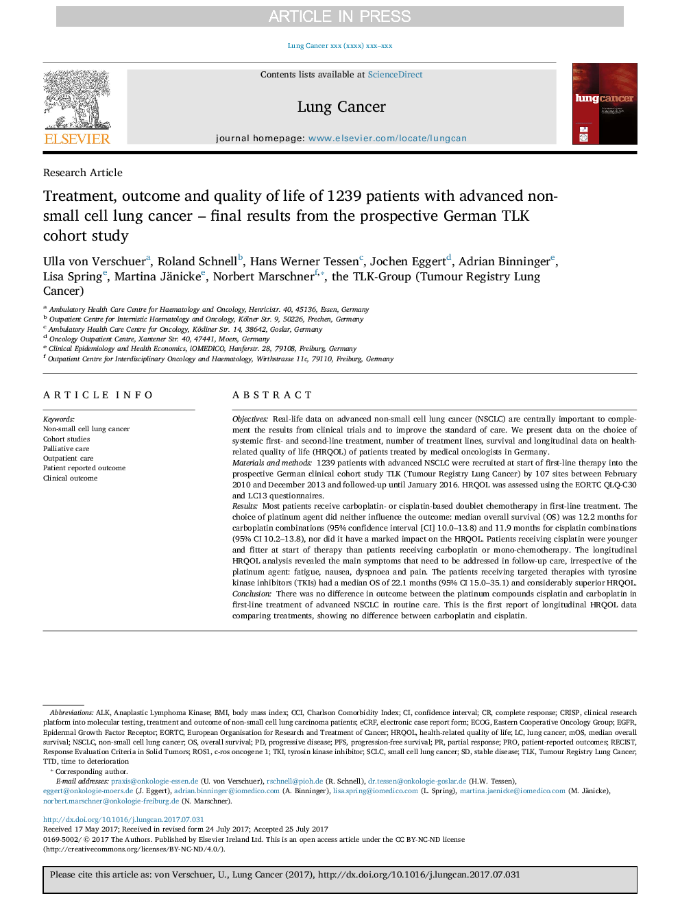 Treatment, outcome and quality of life of 1239 patients with advanced non-small cell lung cancer - final results from the prospective German TLK cohort study