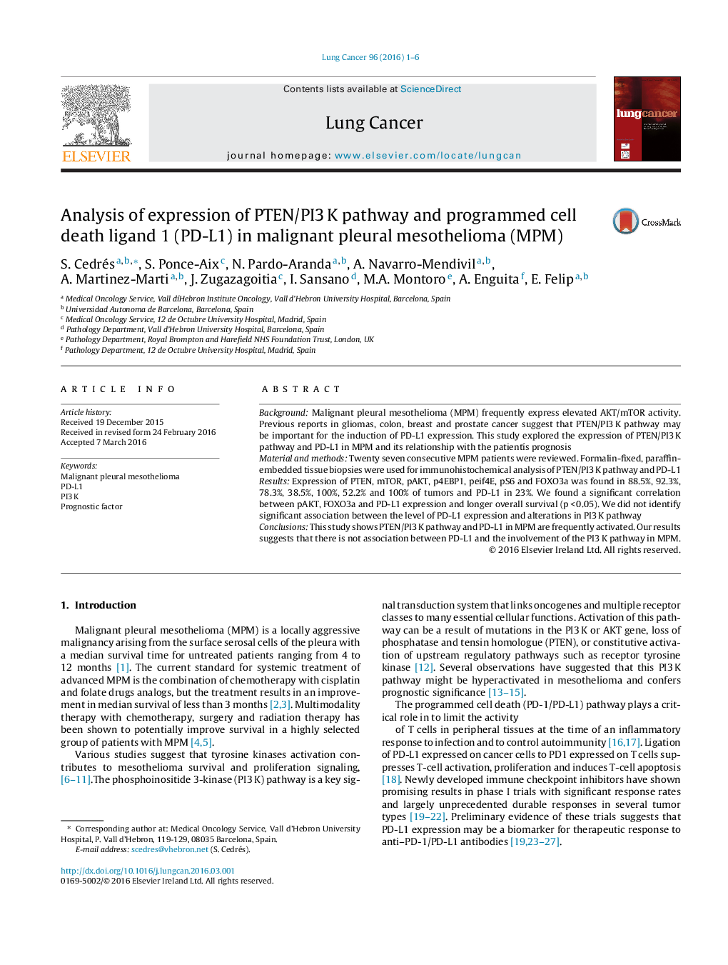 Analysis of expression of PTEN/PI3Â K pathway and programmed cell death ligand 1 (PD-L1) in malignant pleural mesothelioma (MPM)