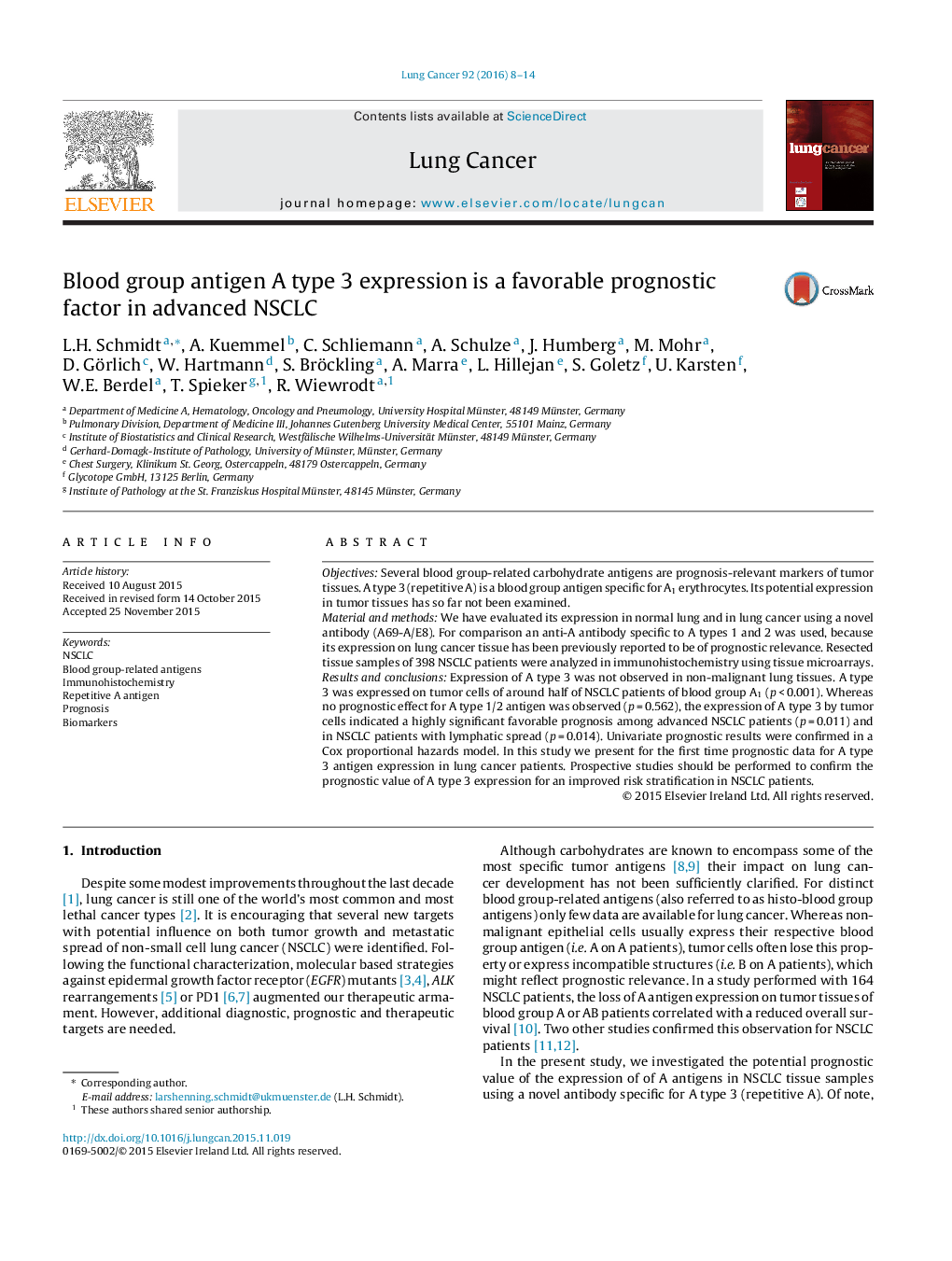 Blood group antigen A type 3 expression is a favorable prognostic factor in advanced NSCLC