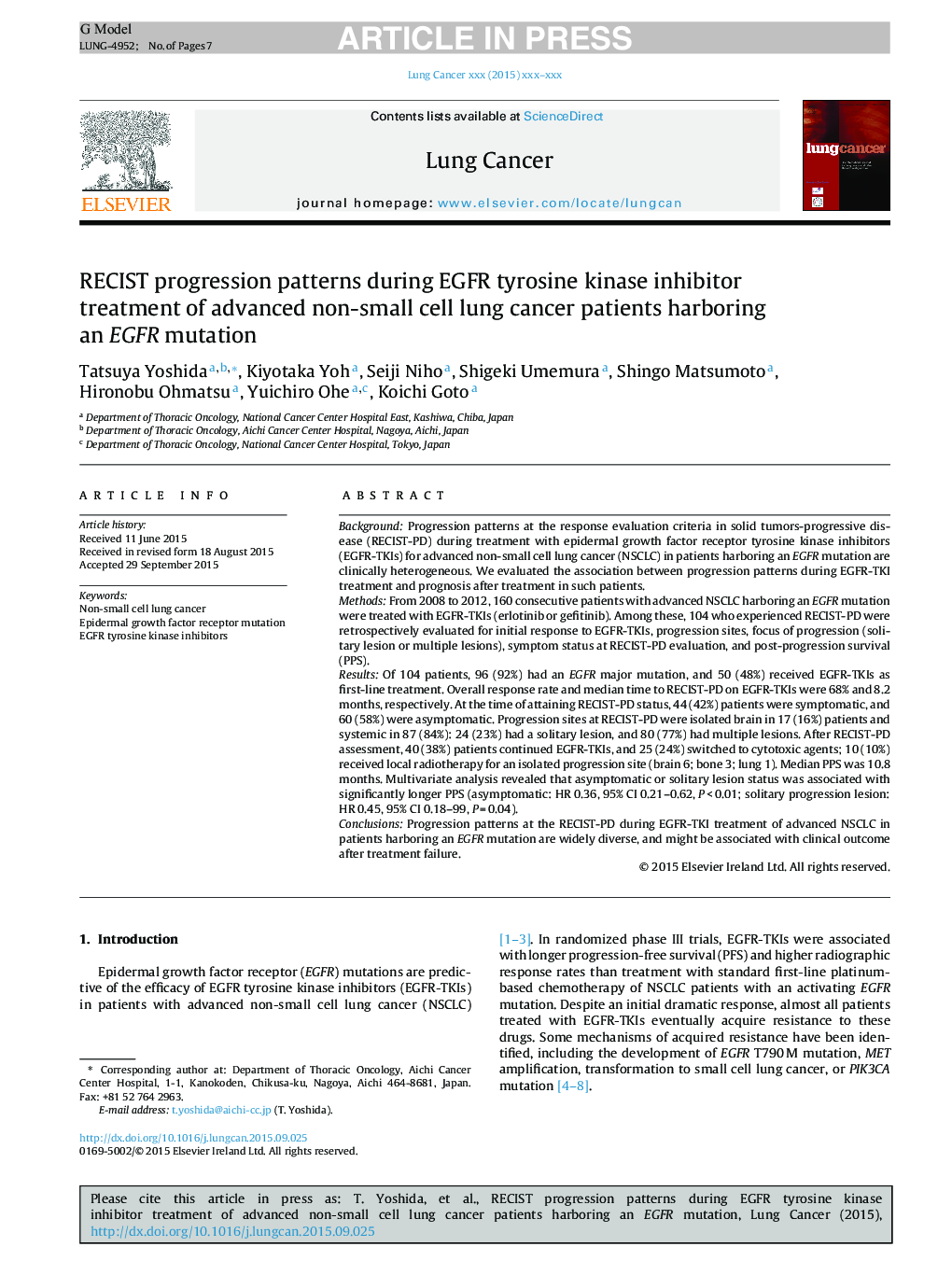 RECIST progression patterns during EGFR tyrosine kinase inhibitor treatment of advanced non-small cell lung cancer patients harboring an EGFR mutation