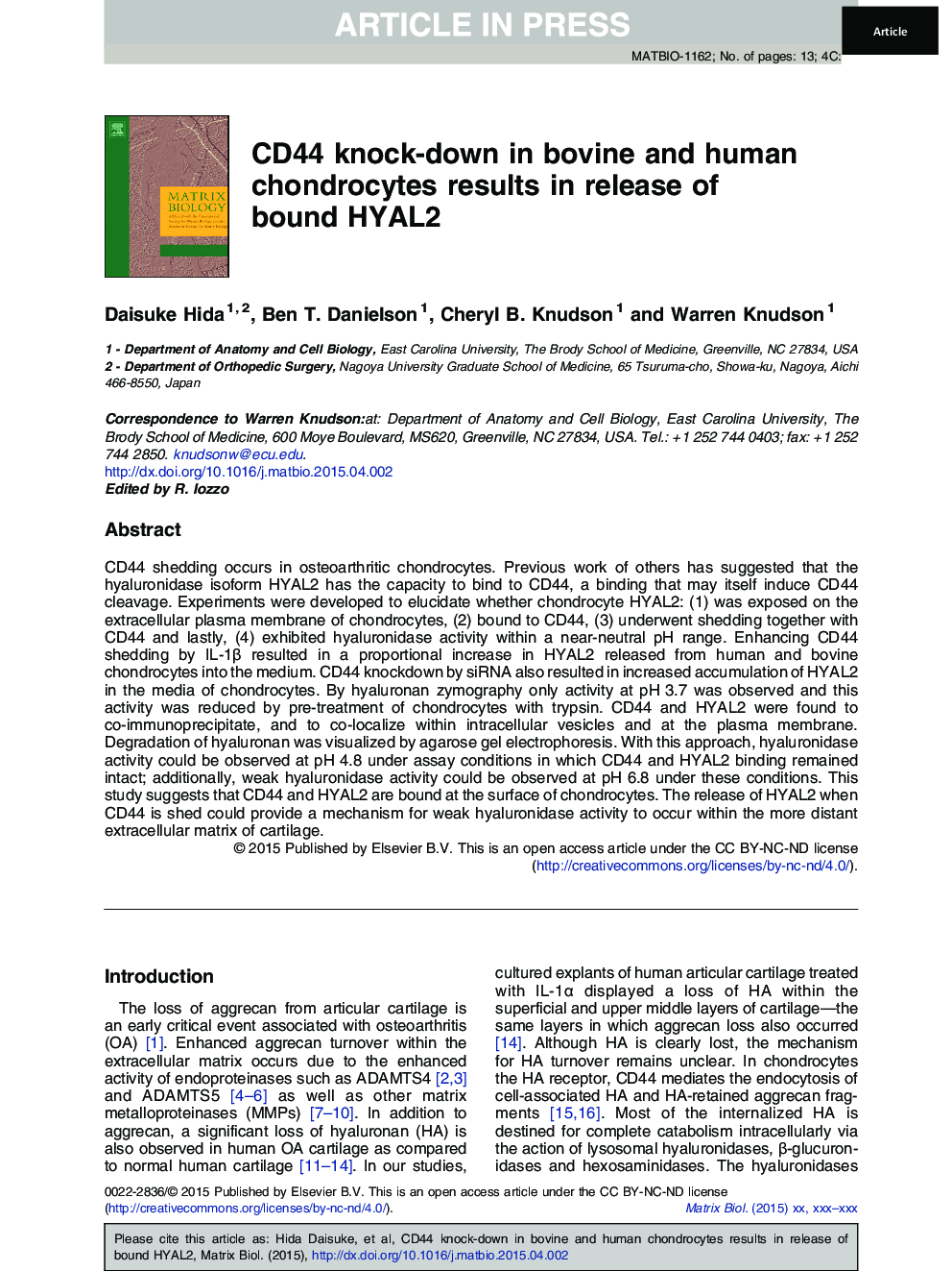 عکس صفحه اول مقاله: CD44 knock-down in bovine and human chondrocytes results in release of bound HYAL2 CD44 knock-down in bovine and human chondrocytes results in release of bound HYAL2