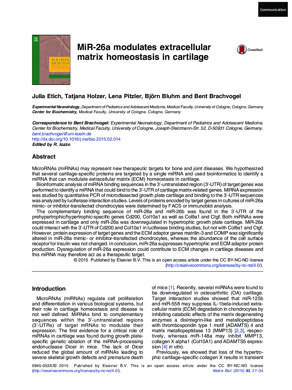 MiR-26a modulates extracellular matrix homeostasis in cartilage