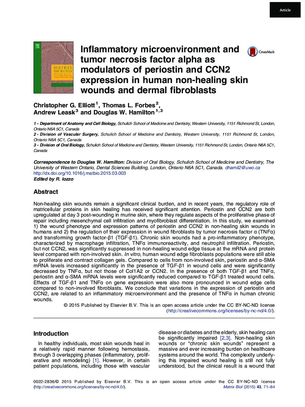 Inflammatory microenvironment and tumor necrosis factor alpha as modulators of periostin and CCN2 expression in human non-healing skin wounds and dermal fibroblasts