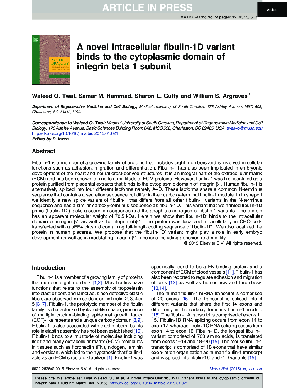 A novel intracellular fibulin-1D variant binds to the cytoplasmic domain of integrin beta 1 subunit