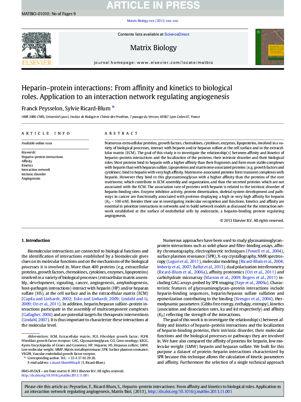 Heparin-protein interactions: From affinity and kinetics to biological roles. Application to an interaction network regulating angiogenesis