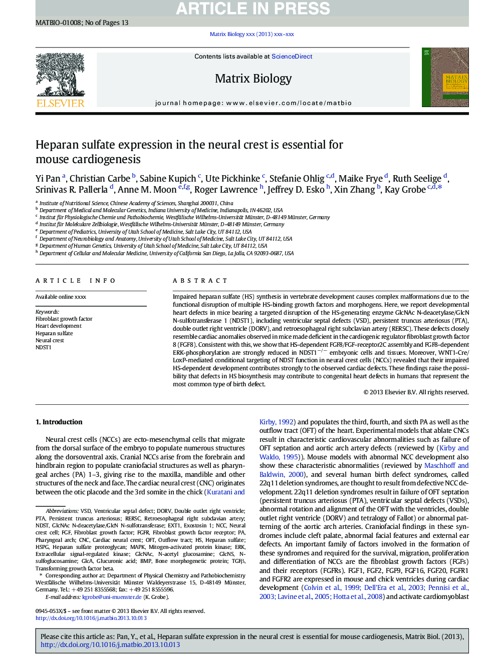 Heparan sulfate expression in the neural crest is essential for mouse cardiogenesis