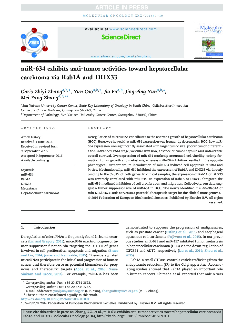 miR-634 exhibits anti-tumor activities toward hepatocellular carcinoma via Rab1A and DHX33