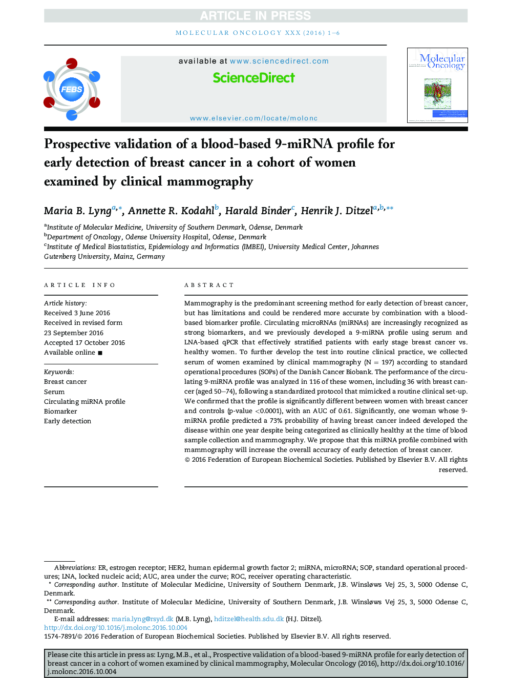 Prospective validation of a blood-based 9-miRNA profile for early detection of breast cancer in a cohort of women examined by clinical mammography