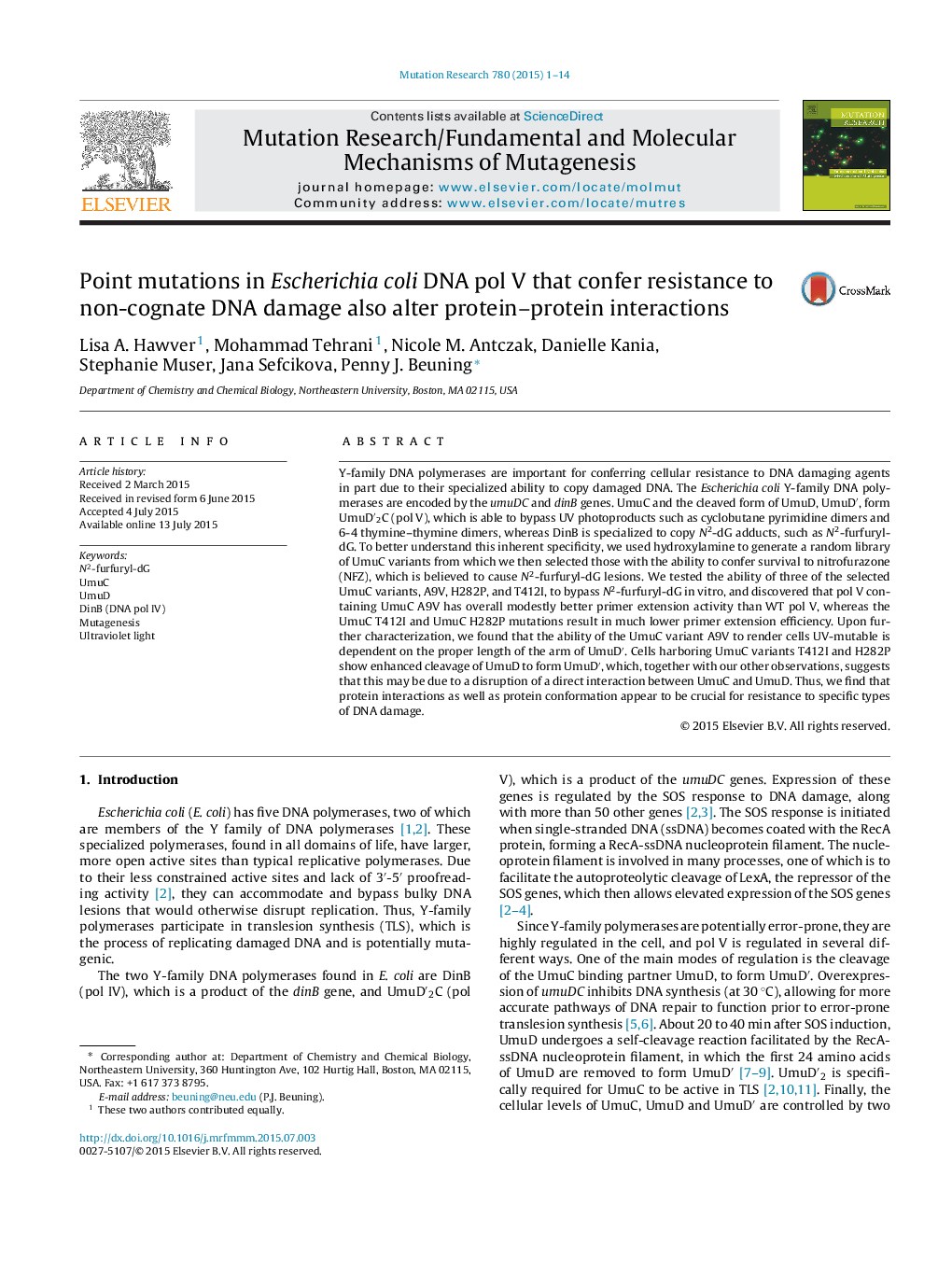 Point mutations in Escherichia coli DNA pol V that confer resistance to non-cognate DNA damage also alter protein-protein interactions