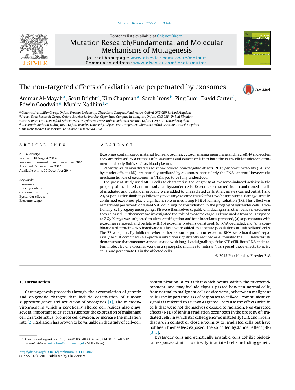 The non-targeted effects of radiation are perpetuated by exosomes