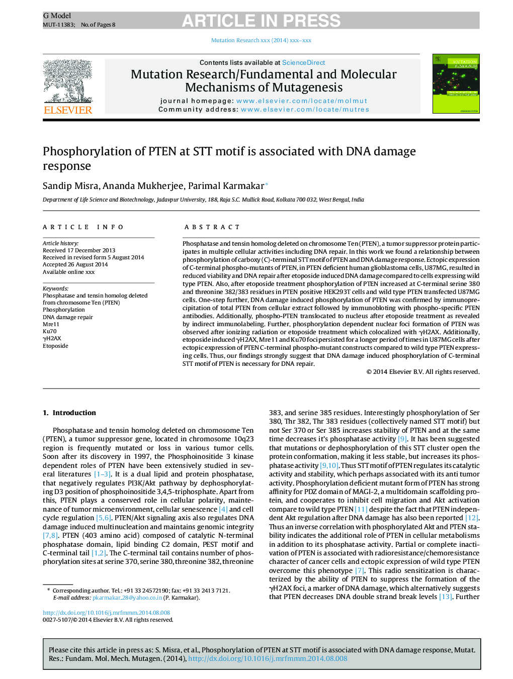 Phosphorylation of PTEN at STT motif is associated with DNA damage response