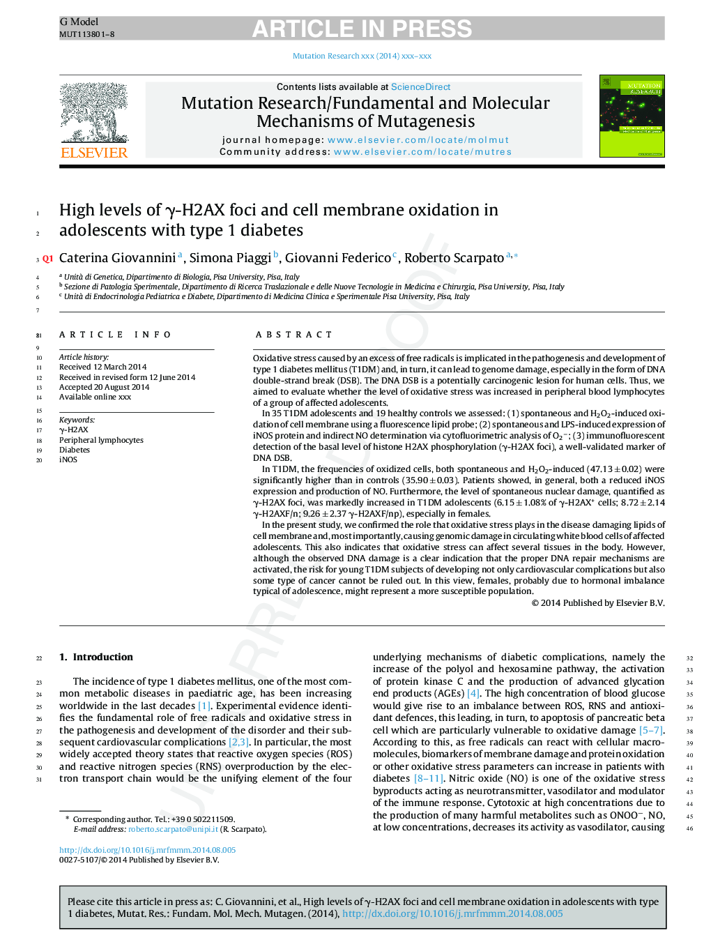 High levels of Î³-H2AX foci and cell membrane oxidation in adolescents with type 1 diabetes