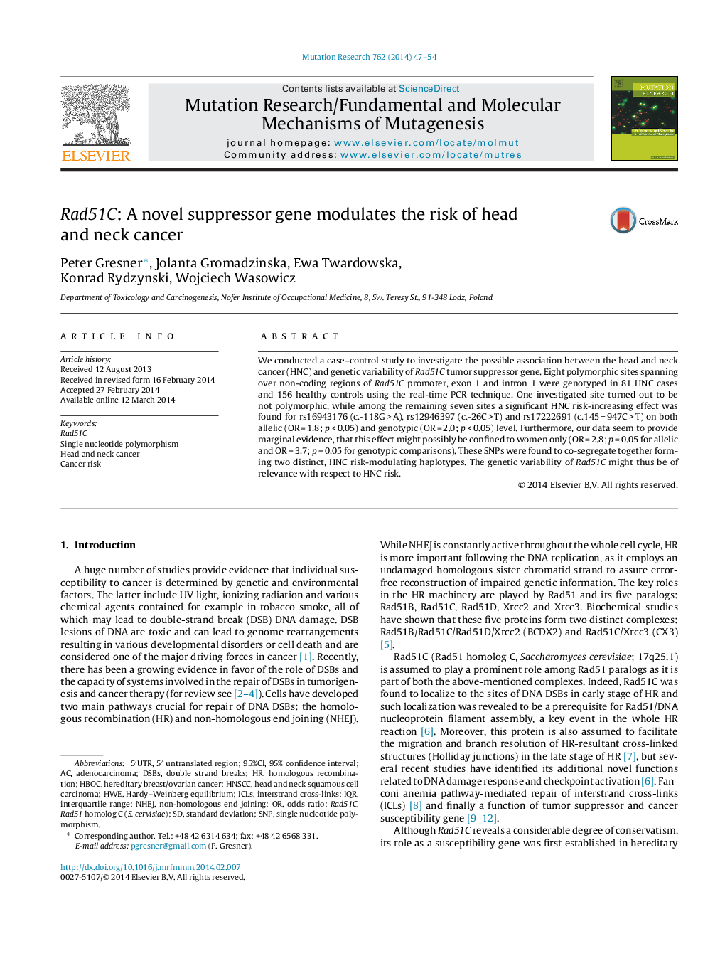 Rad51C: A novel suppressor gene modulates the risk of head and neck cancer