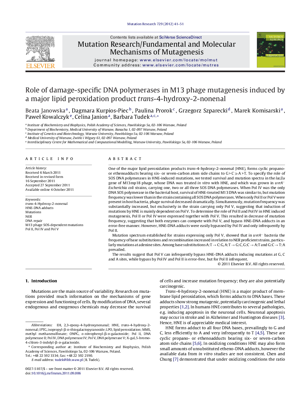 Role of damage-specific DNA polymerases in M13 phage mutagenesis induced by a major lipid peroxidation product trans-4-hydroxy-2-nonenal