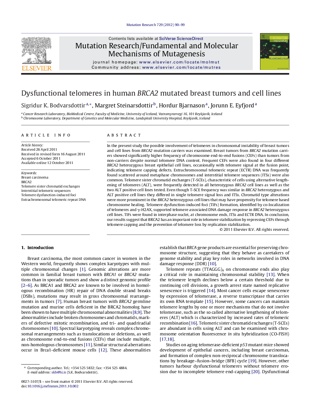 Dysfunctional telomeres in human BRCA2 mutated breast tumors and cell lines