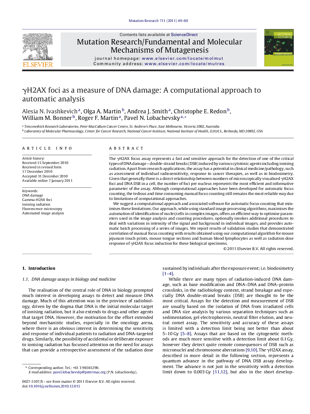 Î³H2AX foci as a measure of DNA damage: A computational approach to automatic analysis