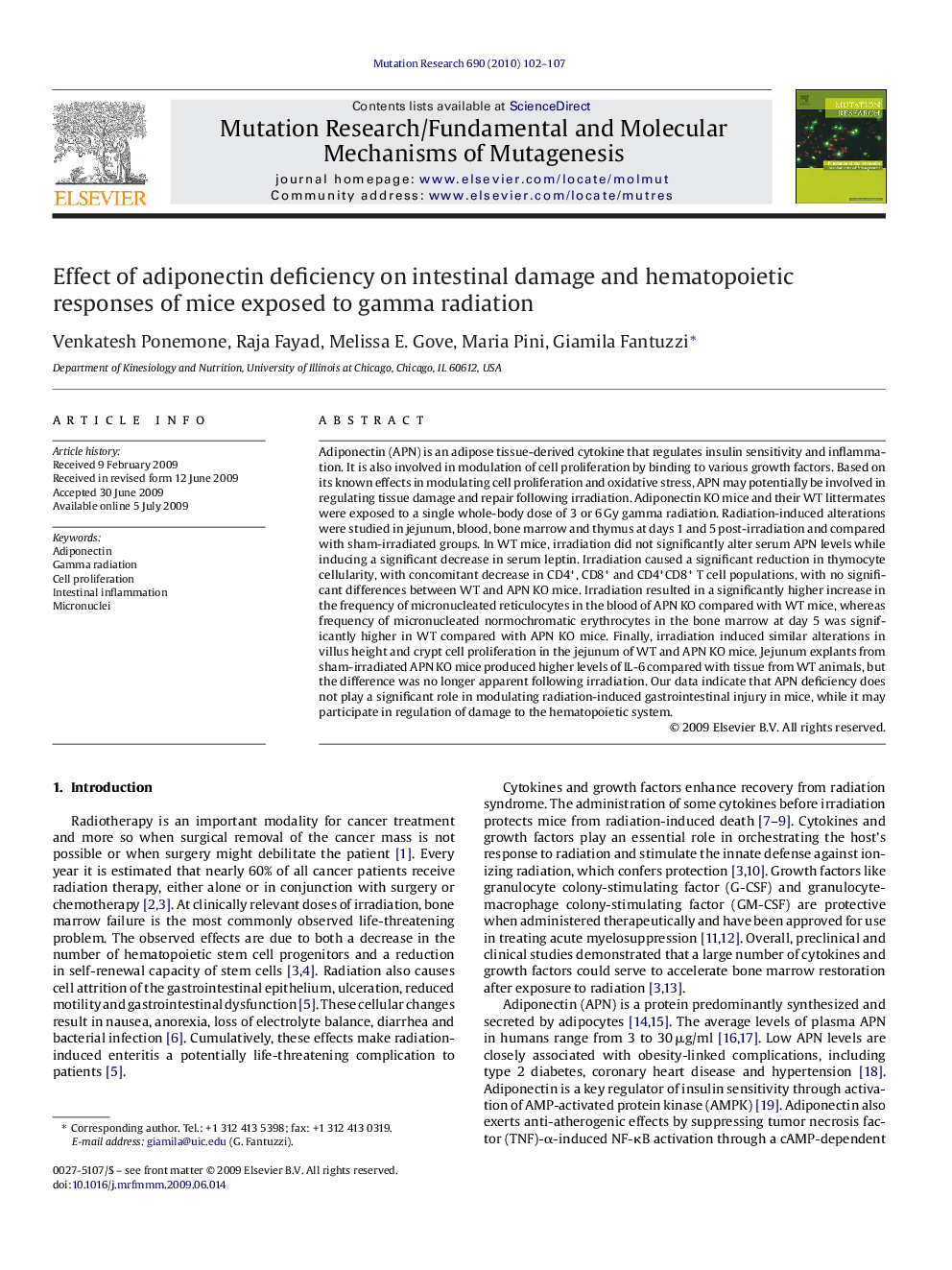 Effect of adiponectin deficiency on intestinal damage and hematopoietic responses of mice exposed to gamma radiation