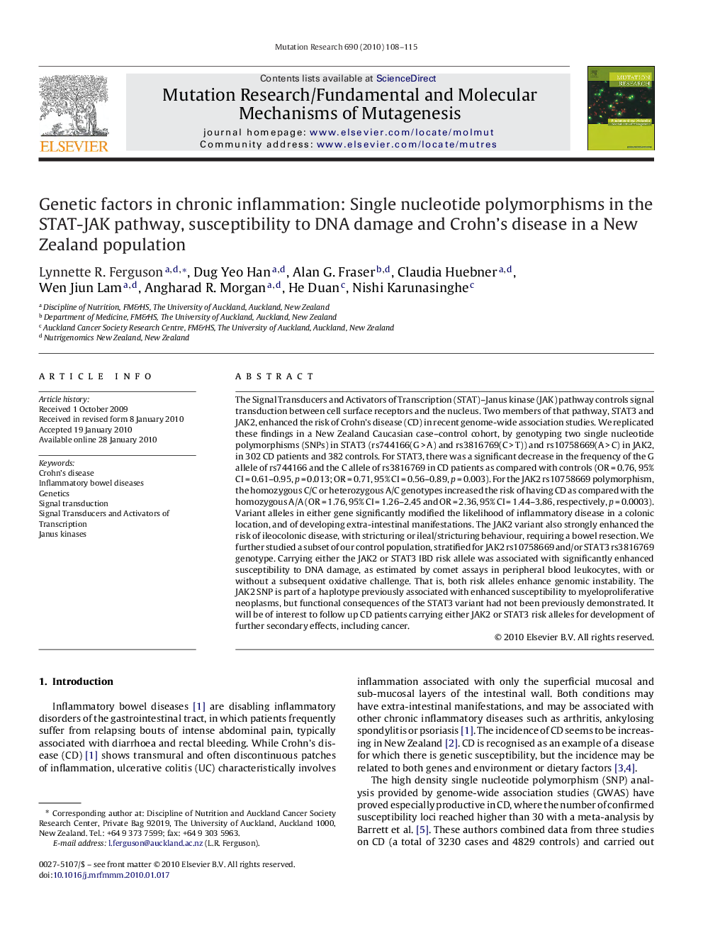 Genetic factors in chronic inflammation: Single nucleotide polymorphisms in the STAT-JAK pathway, susceptibility to DNA damage and Crohn's disease in a New Zealand population