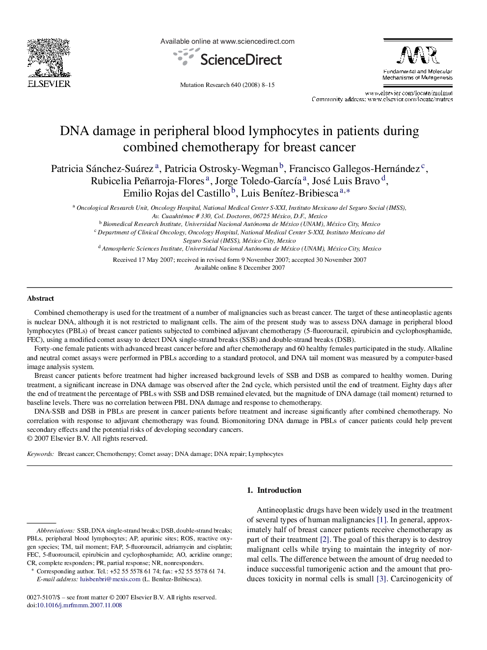 عکس صفحه اول مقاله: DNA damage in peripheral blood lymphocytes in patients during combined chemotherapy for breast cancer DNA damage in peripheral blood lymphocytes in patients during combined chemotherapy for breast cancer