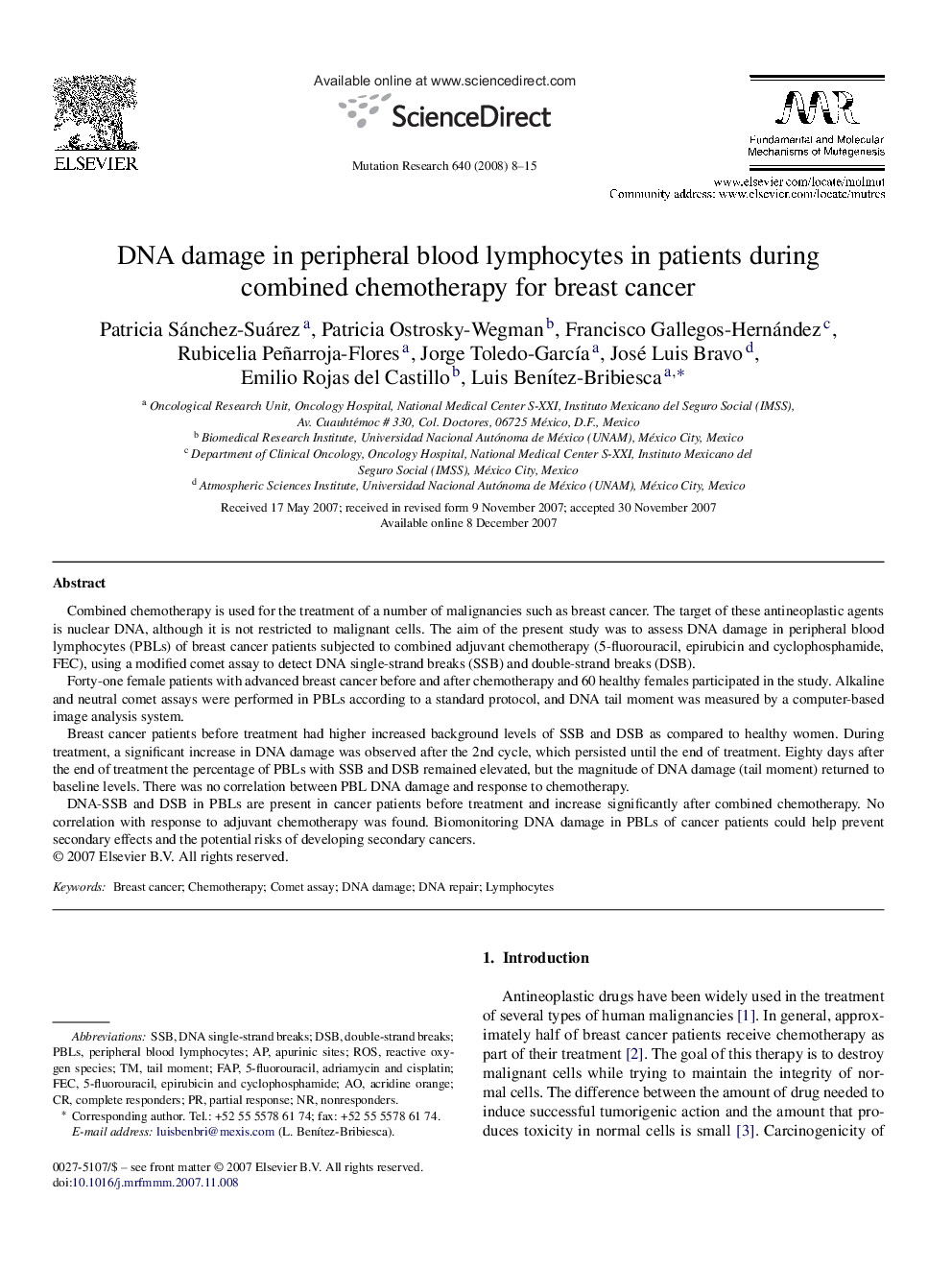 DNA damage in peripheral blood lymphocytes in patients during combined chemotherapy for breast cancer