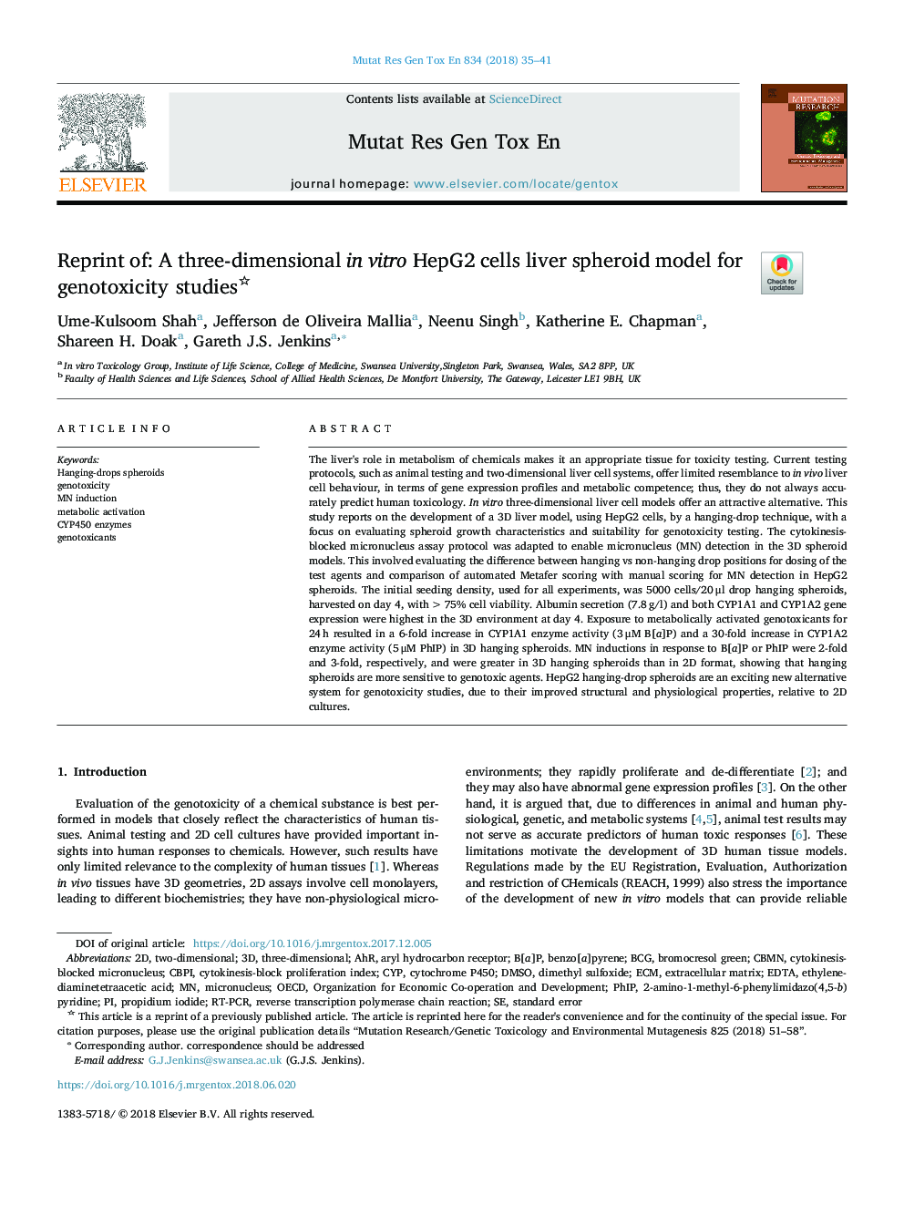 Reprint of: A three-dimensional in vitro HepG2 cells liver spheroid model for genotoxicity studies