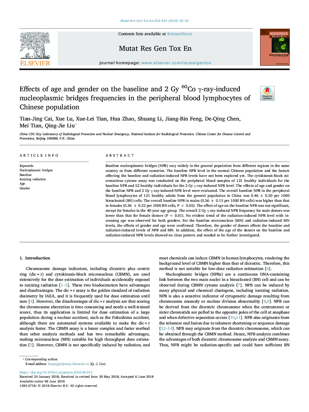 Effects of age and gender on the baseline and 2 Gy 60Co Î³-ray-induced nucleoplasmic bridges frequencies in the peripheral blood lymphocytes of Chinese population