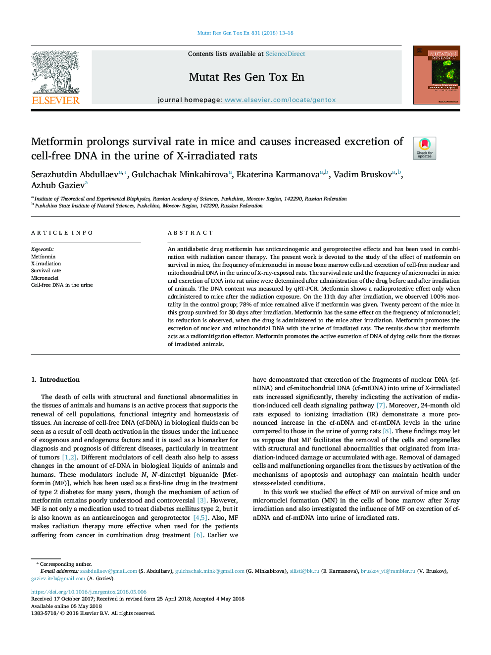 Metformin prolongs survival rate in mice and causes increased excretion of cell-free DNA in the urine of X-irradiated rats