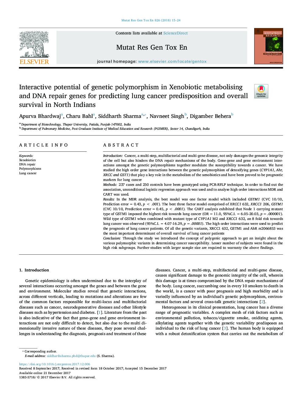 Interactive potential of genetic polymorphism in Xenobiotic metabolising and DNA repair genes for predicting lung cancer predisposition and overall survival in North Indians