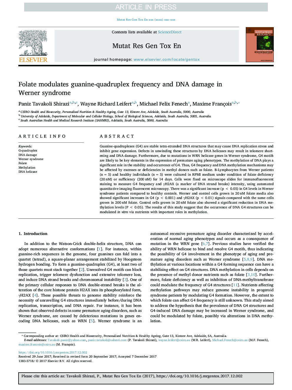 Folate modulates guanine-quadruplex frequency and DNA damage in Werner syndrome