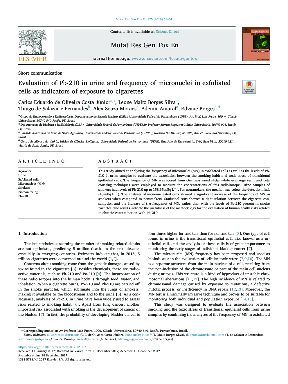 Evaluation of Pb-210 in urine and frequency of micronuclei in exfoliated cells as indicators of exposure to cigarettes