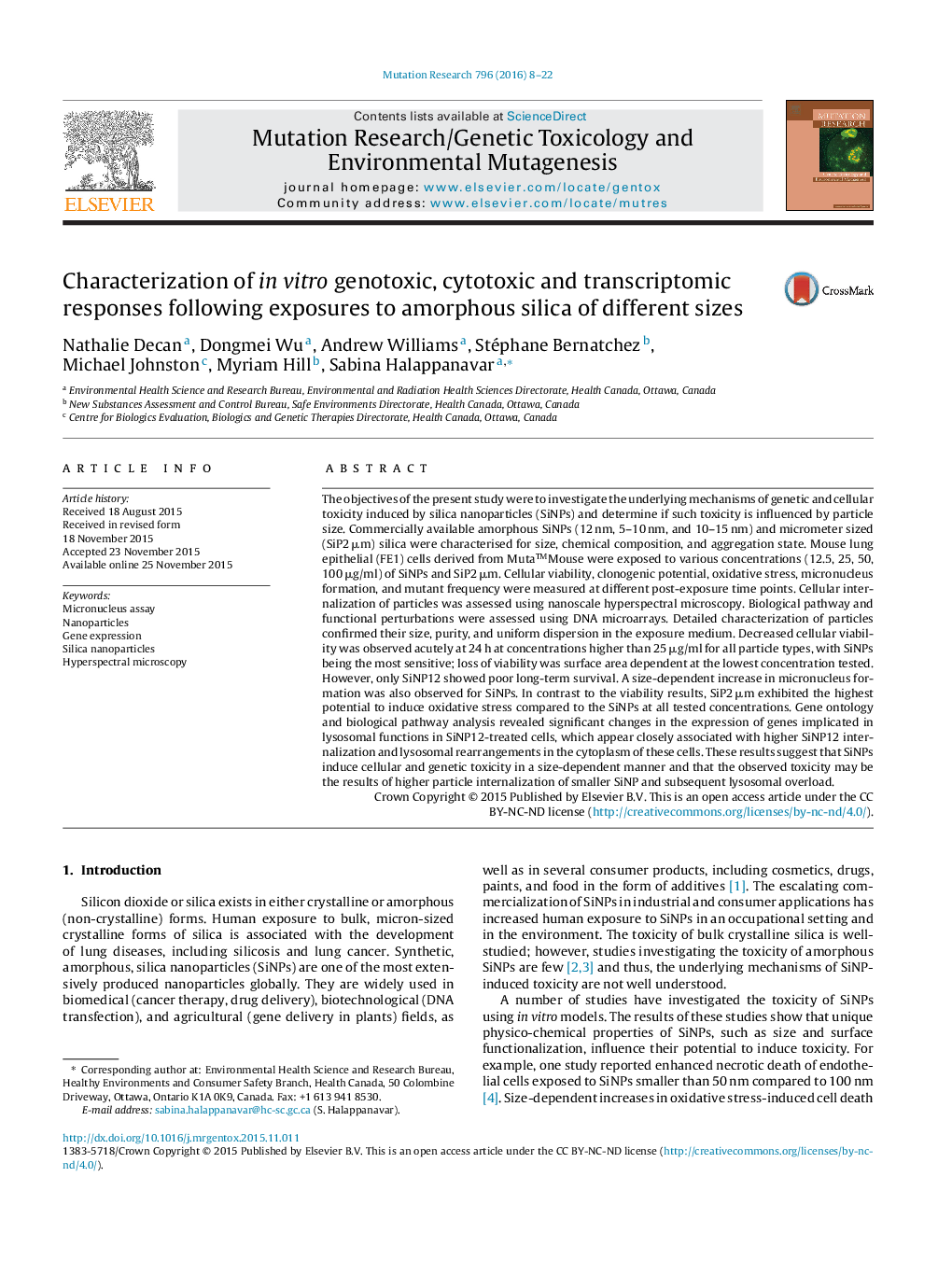 Characterization of in vitro genotoxic, cytotoxic and transcriptomic responses following exposures to amorphous silica of different sizes